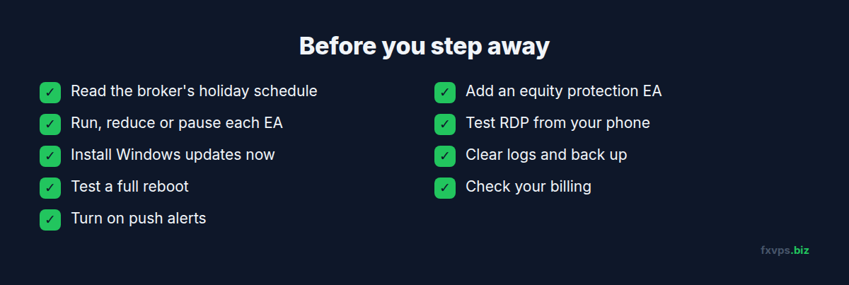 Nine-step pre-holiday checklist for a trading VPS