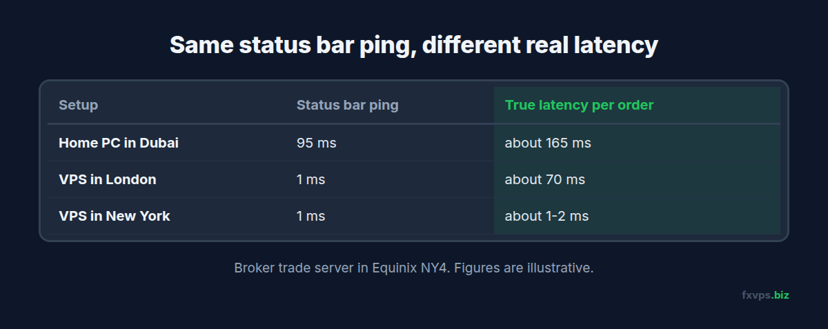 Table comparing status bar ping and true per-order latency for a home PC in Dubai, a London VPS and a New York VPS