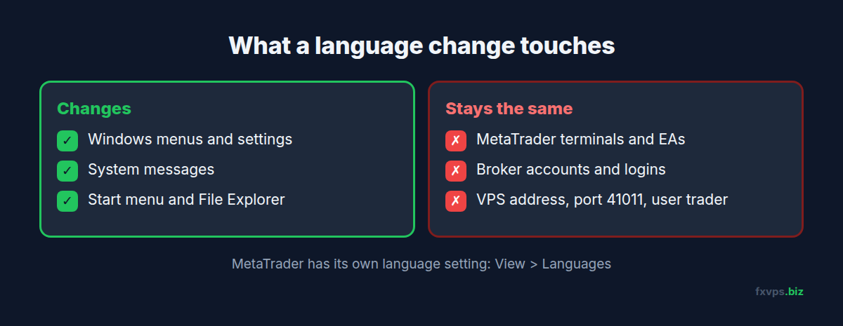 What changes when you switch language, and what stays the same